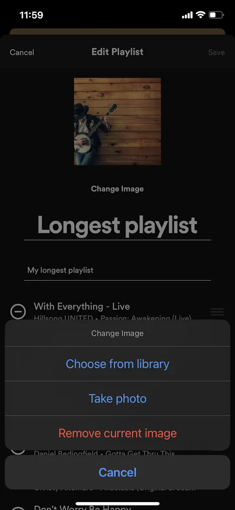 Spotify app choose new playlist context menu