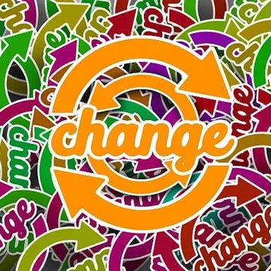 The word 'change' is written multiple times on a multicolored canvas